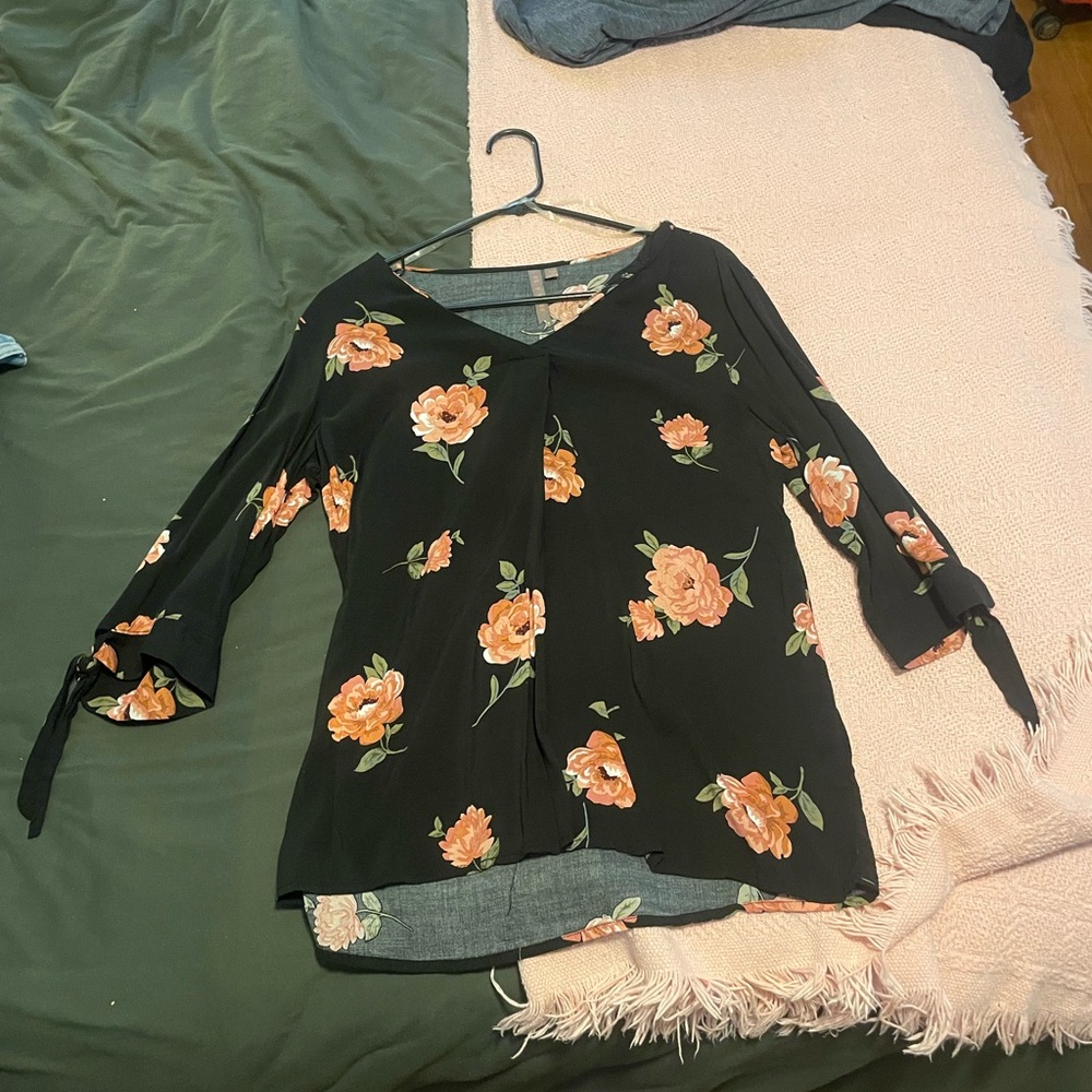 Black Floral Tie Front Blouse